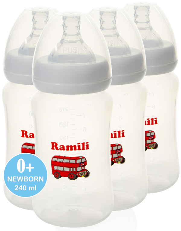 Купить Набор из 4-х противоколиковых бутылочек Ramili Baby 240MLX4 (240 мл. x4, 0+, слабый поток)